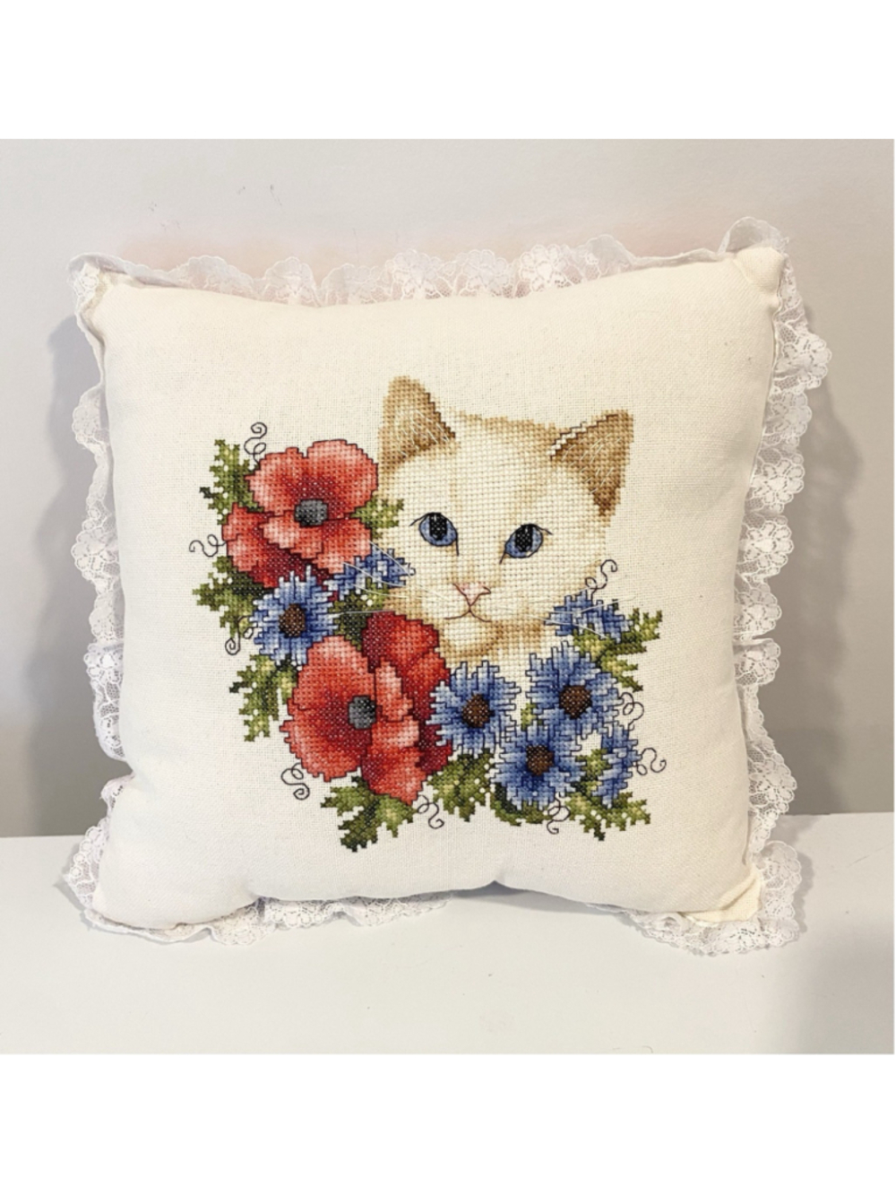 Handmade Cross Stitch Cat Floral Pillow 10” Lace Trim Pink Cottagecore Decor